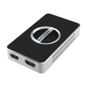 Dispositivo Magewell USB Capture HDMI 4K Plus para captura de vídeo HDMI 4K mediante USB 3.0 con salida loop-through y conexión de audio.