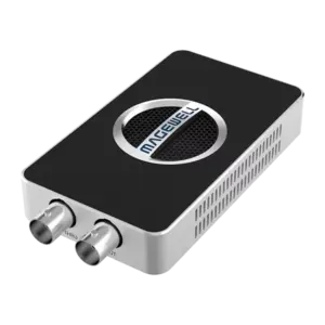 Magewell USB Capture SDI 4K Plus para captura de vídeo SDI 6G hasta 4K mediante USB 3.0, con salida loop-through y conexiones de audio.
