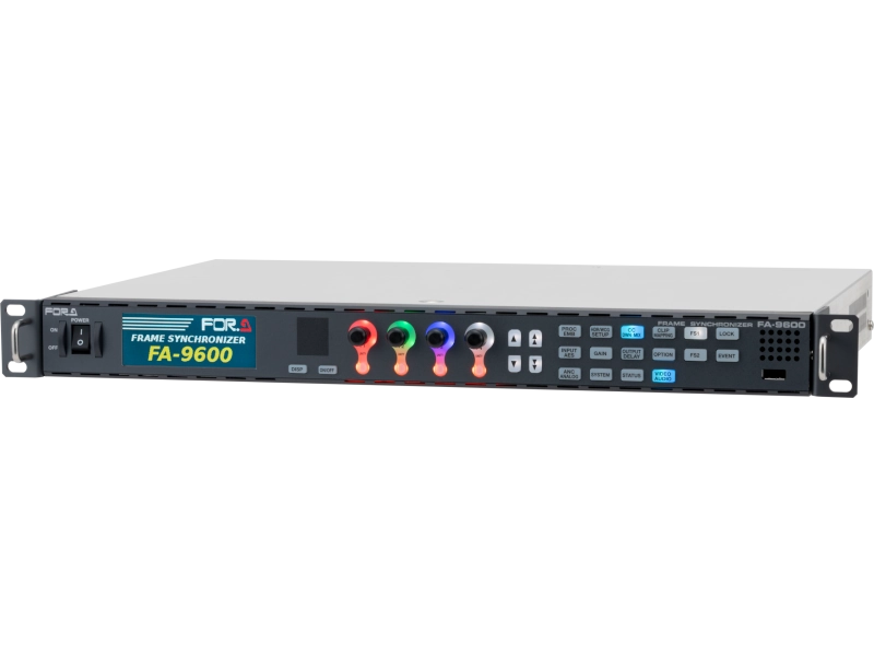 Procesador de señal profesional FOR-A FA-9600 con conexiones SDI y HDMI, procesamiento HDR, corrección de color y opciones de expansión 4K, 12G-SDI, fibra y audio.