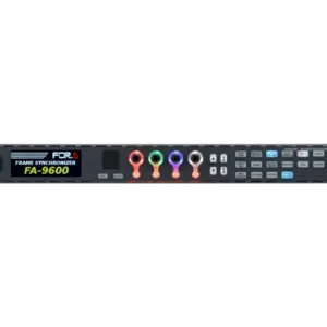 Procesador de señal profesional FOR-A FA-9600 con conexiones SDI y HDMI, procesamiento HDR, corrección de color y opciones de expansión 4K, 12G-SDI, fibra y audio.