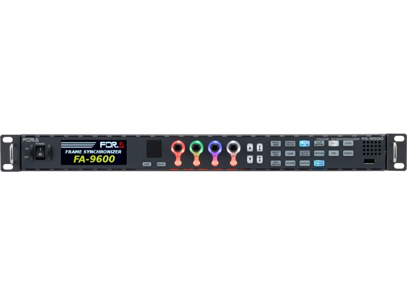 Procesador de señal profesional FOR-A FA-9600 con conexiones SDI y HDMI, procesamiento HDR, corrección de color y opciones de expansión 4K, 12G-SDI, fibra y audio.
