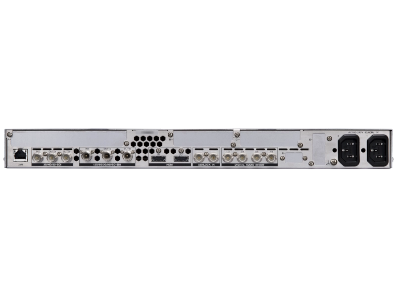 Procesador de señal profesional FOR-A FA-9600 con conexiones SDI y HDMI, procesamiento HDR, corrección de color y opciones de expansión 4K, 12G-SDI, fibra y audio.