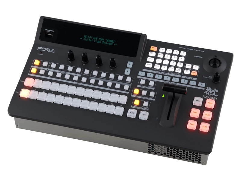 Mezclador de vídeo profesional FOR-A HVS-190S/190I 1 M/E con entradas SDI, salidas SDI y HDMI, keyers, DVE y conectividad NDI opcional.