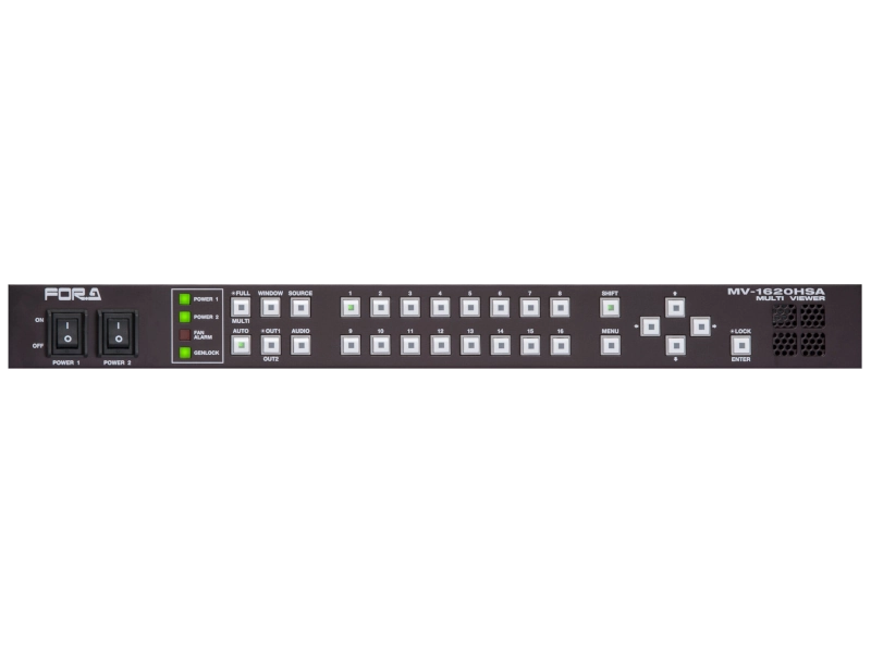 Multiviewer profesional FOR-A MV-1620HSA 1U con 16 entradas 3G-SDI, HD-SDI, SD-SDI y vídeo compuesto para monitorización broadcast.