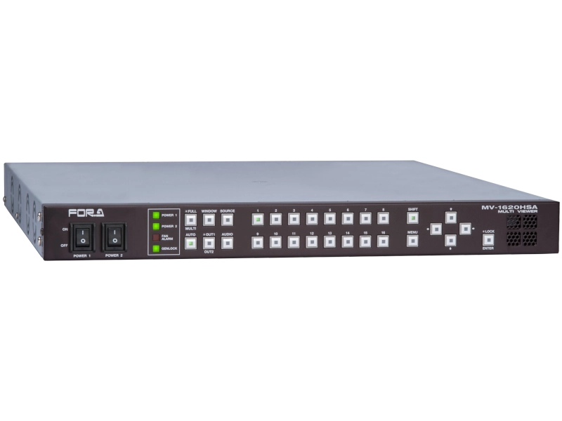 Multiviewer profesional FOR-A MV-1620HSA 1U con 16 entradas 3G-SDI, HD-SDI, SD-SDI y vídeo compuesto para monitorización broadcast.