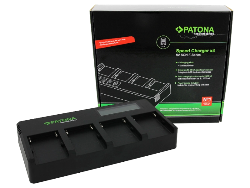 Cargador rápido PATONA Premium de cuatro canales para baterías Sony NP-F970, NP-F960, NP-F950 y otras baterías de la serie F.