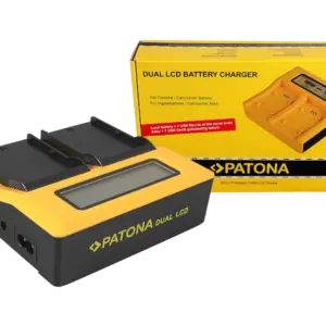 Cargador doble PATONA Dual LCD USB para baterías de cámaras profesionales con dos canales de carga independientes y pantalla LCD.